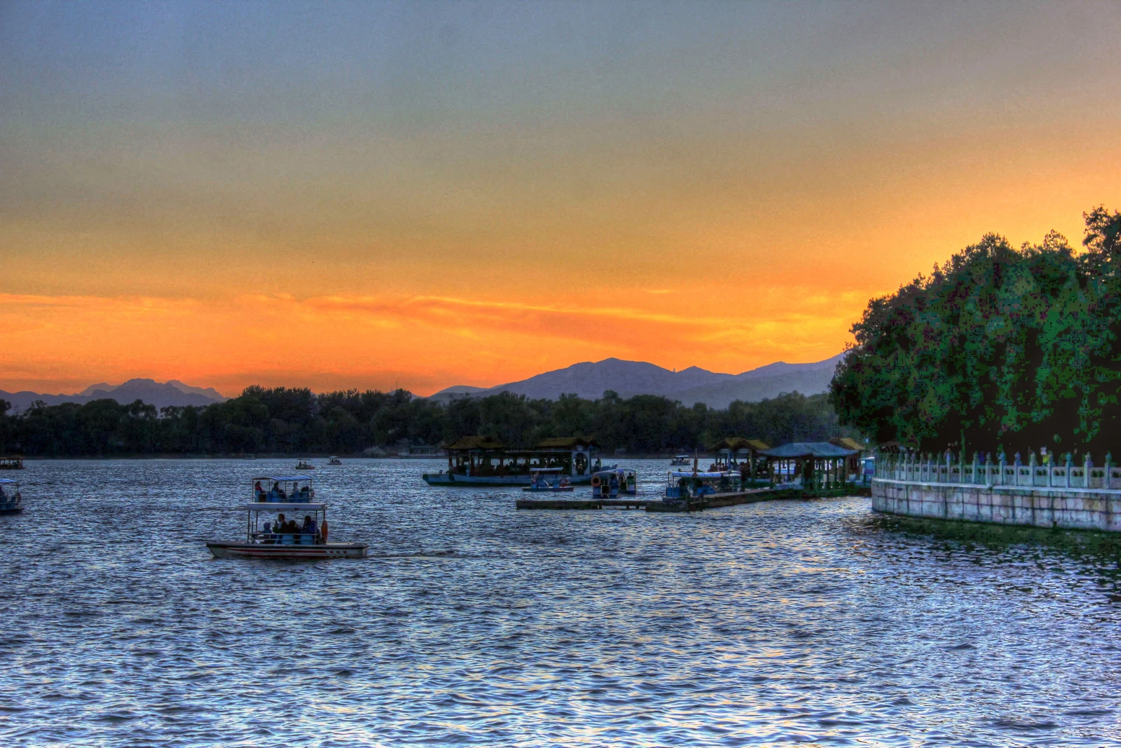 Warm sunset over Kunming Lake at Beijing Summer Palace