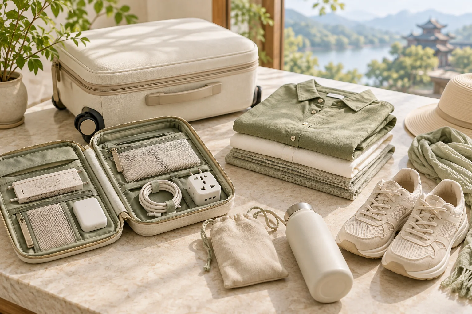 Illustrative packing essentials with luggage and clothing